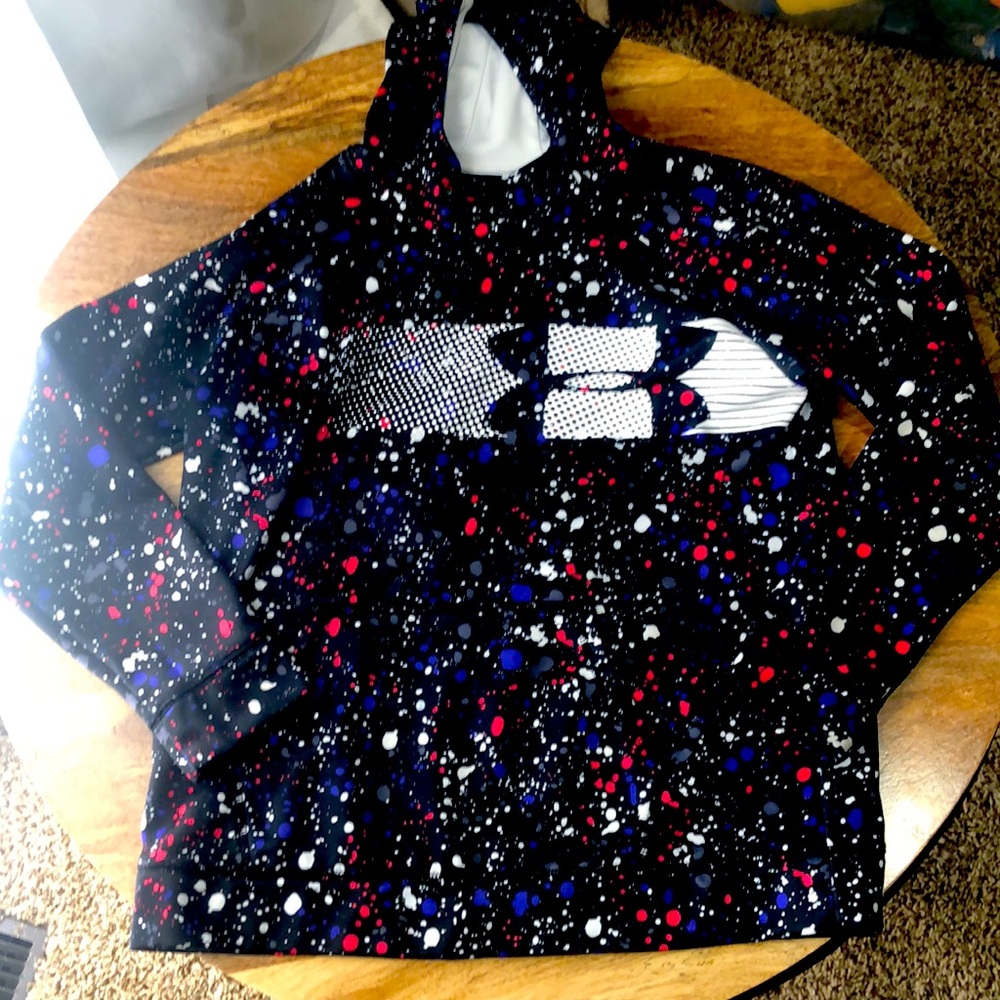 Under Armor YXL Hoodie, black with paint splatter looking pattern